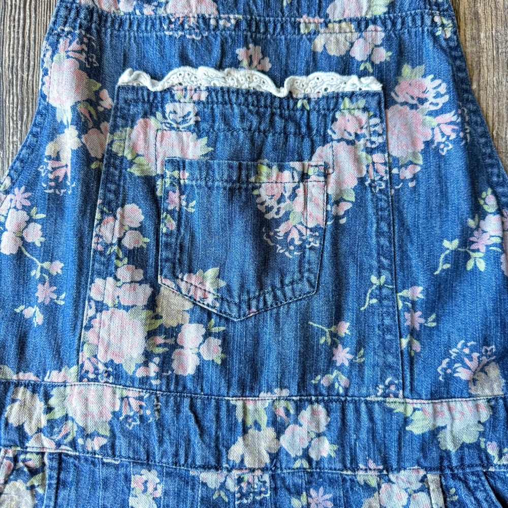 Matilda Jane Floral Denim Shortalls Overalls Girls Size 14 Lace Trim Boho - Picture 6 of 8